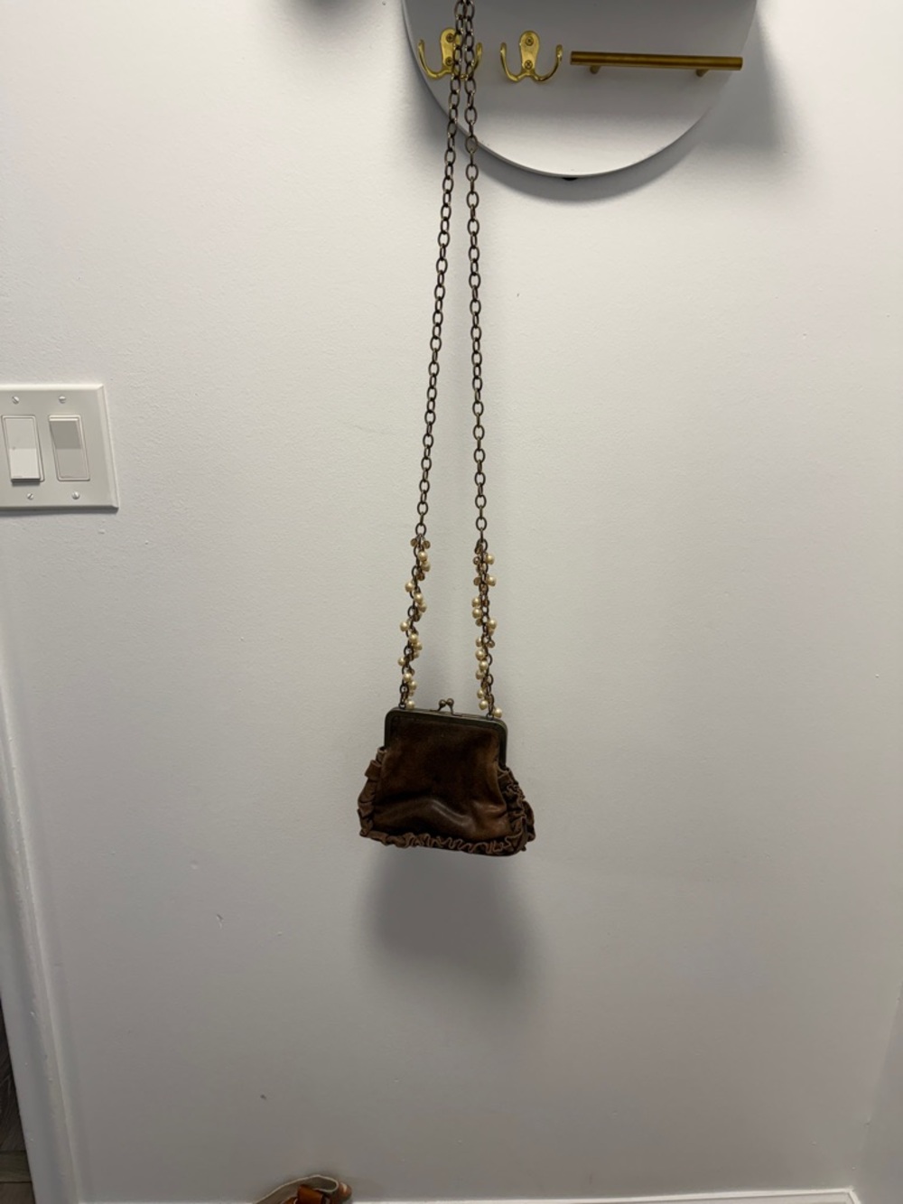 Brown Velvet Mini Ruffle Crossbody Bag with Chain Strap